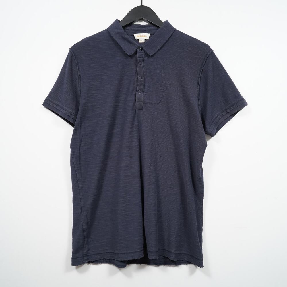 Diesel Polo Shirt Mens M Navy Slub Knit Raw Edge Y2K Hidden Pocket Cotton